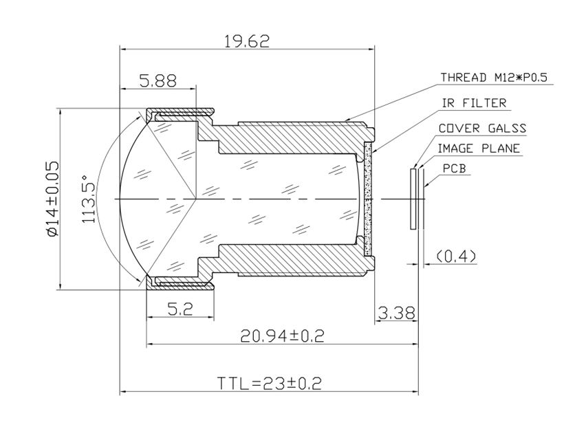 Dibujo de lente M12 de 2,4 mm