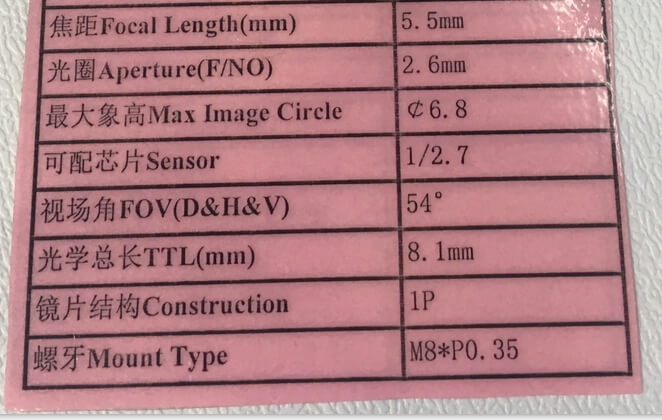 Especificación de lente M8 de 5,5 mm