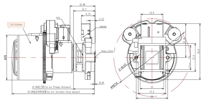 Diagrama de lente de zoom de 3,6-11 mm